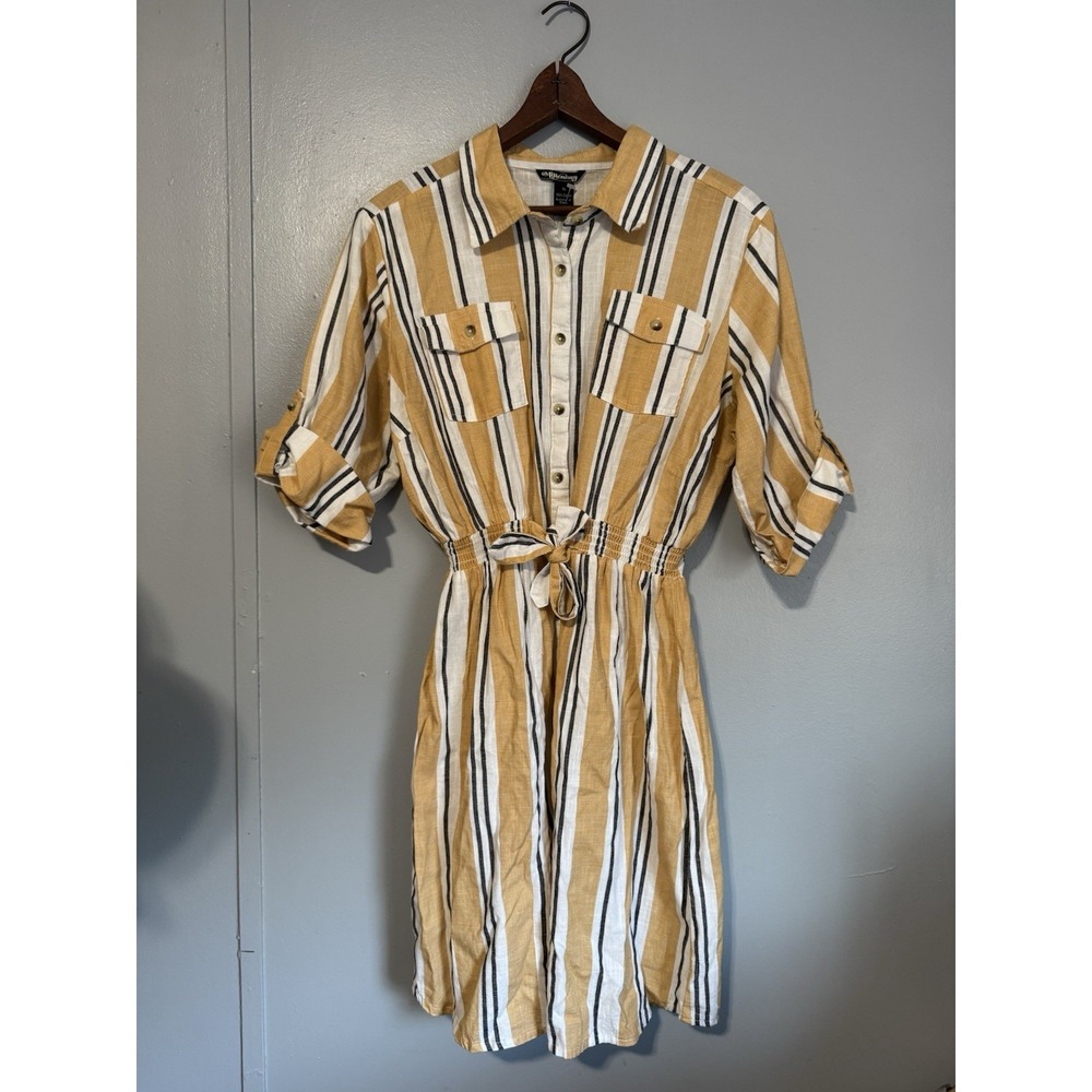 Millenium Women's Yellow Button Down Dress With Cinched Waist & Bow XL Cotton